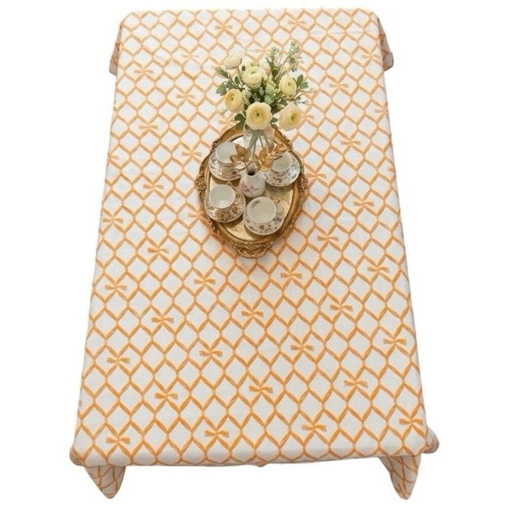 VTG PRATESI Tablecloth White And Orange Ribbon Patterns Scalloped Edge 88”x71”
